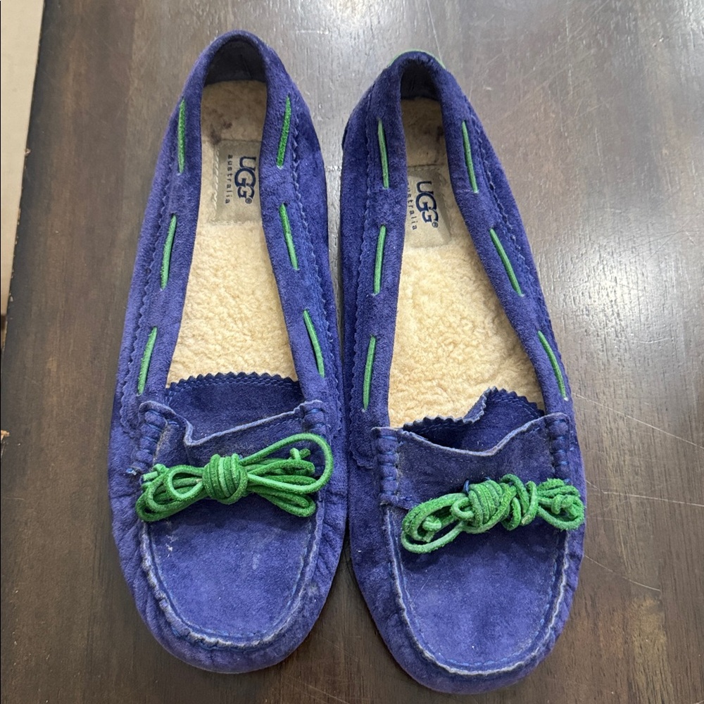 UGG Purple Suede Loafers with Green Bow